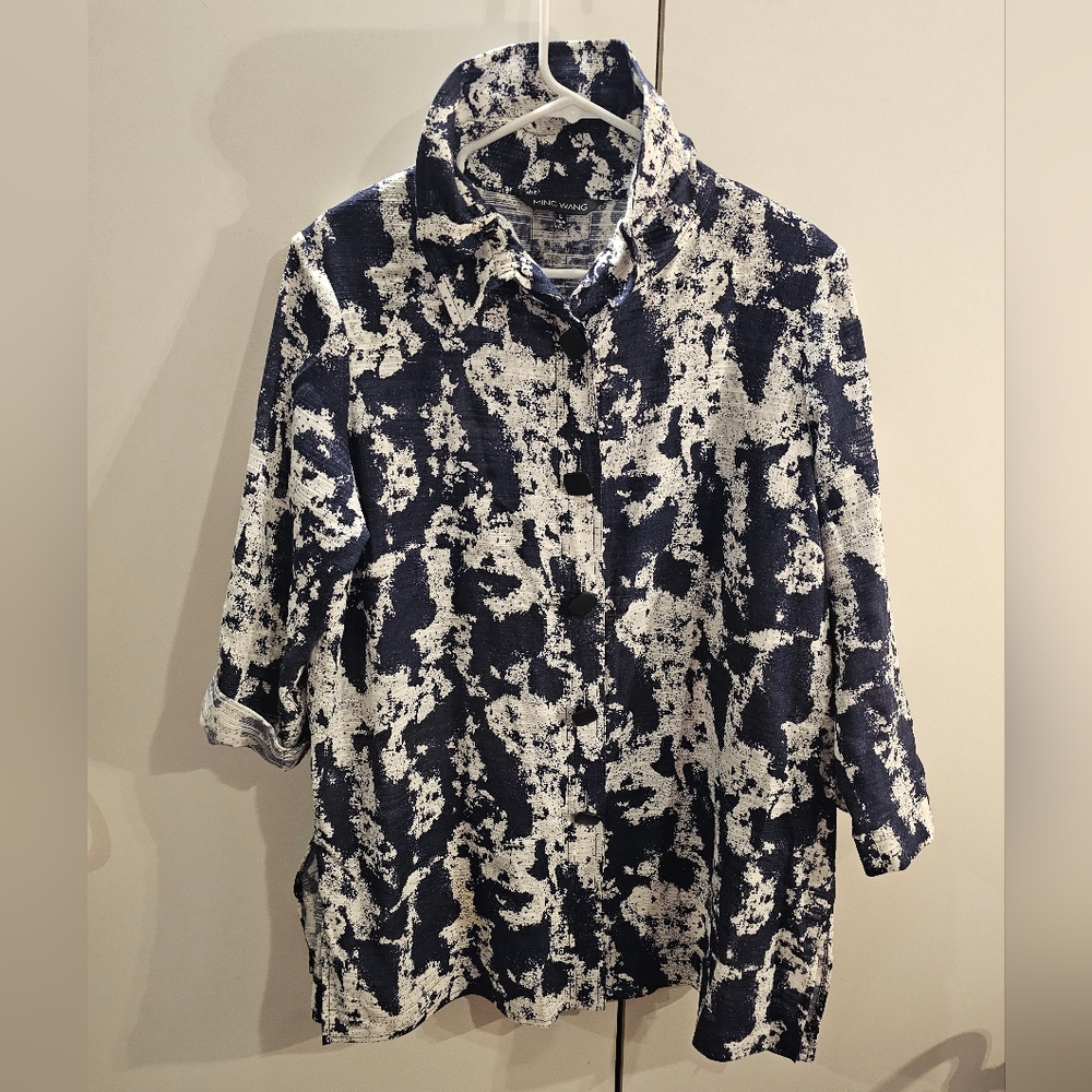 Ming Wang Womans Large Wired Collar Blue/White Button Down Top